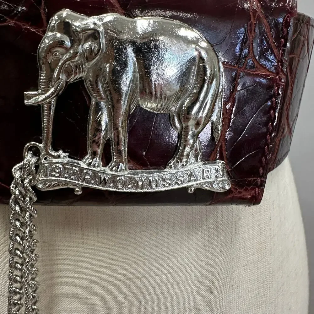 Catherine‎ Carson burgundy leather strap belt silver elephant & drop chain small